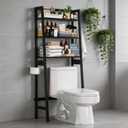 Over The Toilet Storage, Wooden 3-Tier Over-The-Toilet Rack Bathroom Space Saver Organizer, Freestanding Above Toilet with Toilet Paper Holder and Hooks（Black）