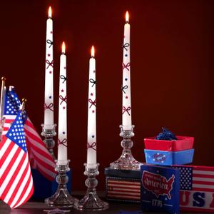 Nuanchu 4 Pack Christmas Taper Candles 10 Inch Christmas Candlesticks Unscented White Red Blue Bow and Star Candles Sticks for Holiday Dinner Table Decoration Nuanchu 4 Pack Christmas Taper Candles 10 Inch Christmas Candlesticks Unscented White Red Blue Bow and Star Candles Sticks for Holiday Dinner Table Decoration