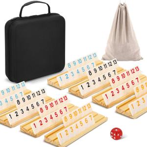 2-8 Players Games Gifts, Rummy Board Game Set, 214 Melamine Tiles, 8 Wooden Racks, Drawstring Bag, Premium Portable Case, Tile Board Games for Adults, Valentines Day Gifts for Men Women Dad Mom