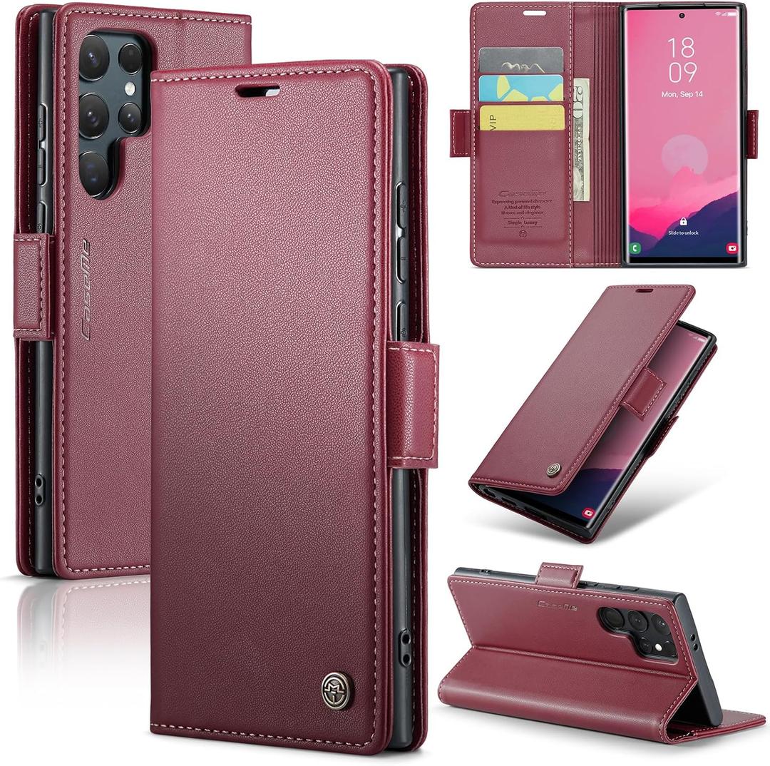 for Samsung Galaxy S24 Ultra Wallet Case with Credit Card Holder, PU Leather RFID Blocking Folio Flip Kickstand Magnetic Clasp Protective Phone Cover for Women Men Wine Red