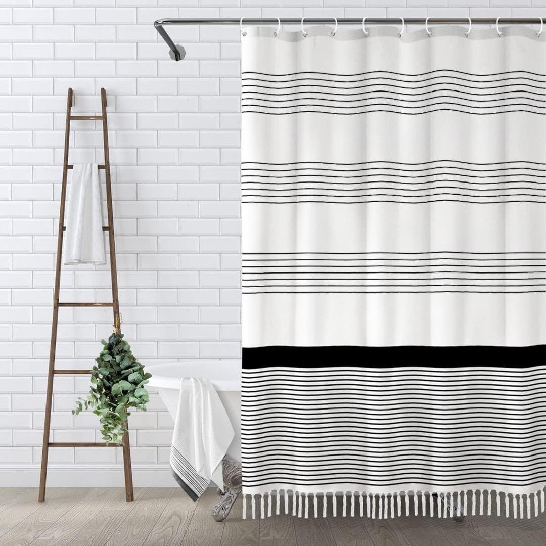 Awellife Black Boho Stripe Shower Curtain for Bathroom with Tassel 70"*6 Farmhouse Cotton