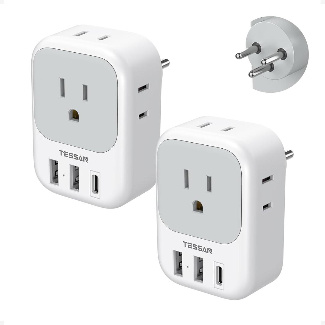 TESSAN Israel Adapter Plug 2 Pack, 7 in 1 US to Israel Power Adapter with 3 USB Ports (1 USB C Port) 4 American Outlets, Type H Travel Adaptor for USA to Jerusalem
