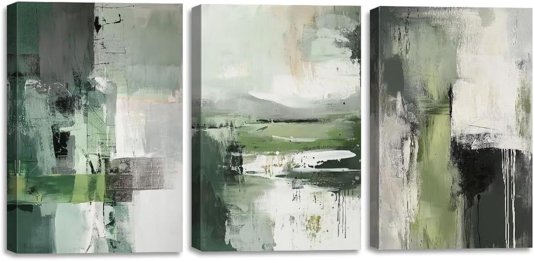 3 Piece Abstract Wall Art for Living Room Green Picture Grey Green Paintings Modern Framed Bedroom Home Decor(Abstract-3,12x16inchx3 Pieces (30x40cmx3 Pieces))