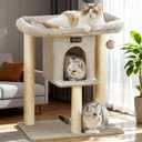Cat Tree Tower Scratching Post for Indoor Large Cats, Small Cat Tree with Big Perch Bed, 28in Tall Trees House with Condo Cave, Toy Balls, Modern Climbing Furniture Platform for Kitten (Light Gray)
