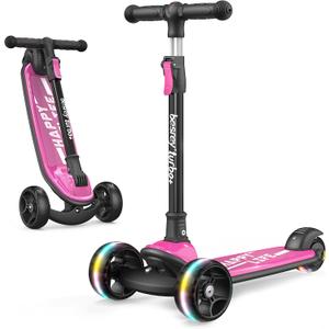 Besrey Kick Scooter for Kids Ages 3-10, 3-Wheel Folding Scooter with Adjustable Height, LED Light Wheels, Extra Wide Deck for Outdoor Activities (Pink)