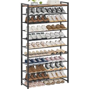 10 Tier Shoe Rack Organizer for 40-50 Pairs, Tall Metal Shoe Storage Shelf with Wood Top, Adjustable Boot Space, Narrow Design for Entryway Closet,Rustic Brown and Black