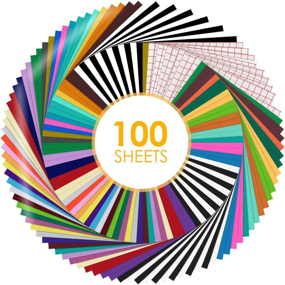 HTVRONT Permanent Vinyl for Cutting Machine-100 Pack 12 "x12 Adhesive Vinyl Sheets Set, 90 Sheets Permanent Bundle & 10 Transfer Tape for Projects and Crafting