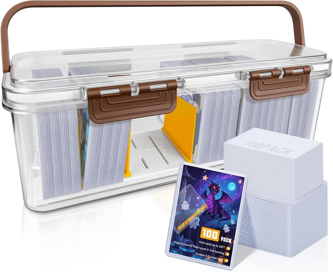 Toploader Storage Box with Card Sleeves(100 Toploaders + 100 Penny Sleeves), Trading Card Storage Box with 7 Dividers, Hard Plastic Card Storage Box, Large for 165+ Toploaders 600+ Cards