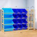 Kids Toy Storage Organizer with Bookshelf Wooden Shelf with 16 Bins & 3 Shelves, Quick Assembly Storage Rack for Playroom, Bedroom, Nursery - Blue