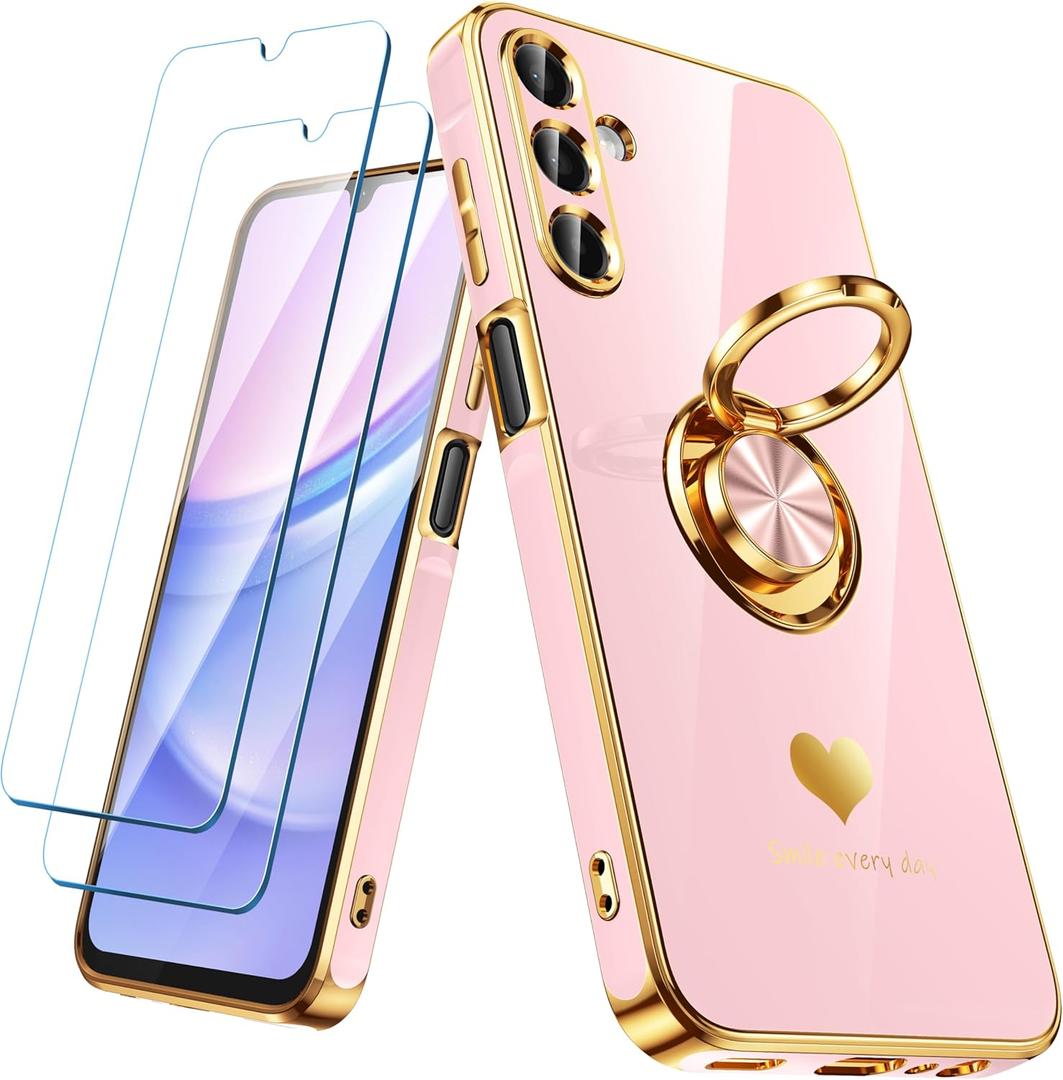 for Samsung Galaxy A15 5G Case with 2 Pack Screen Protector, 360 Rotatable Ring Holder [Luxury Hearts Pattern] Plating Gold Edge Slim Soft Phone Cover Case for Galaxy A15 - Girl Pink