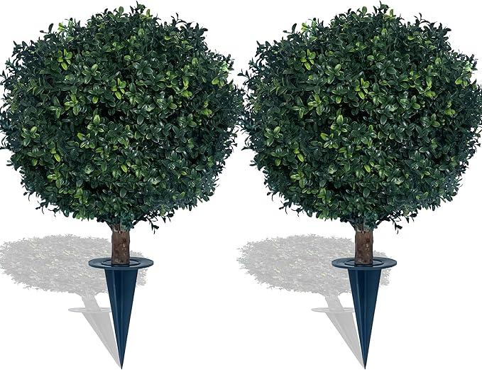 Artificial Boxwood Ball Bush 27" Tree UV Resistance Rated with Spike. Easy to Push in The Ground.Plant Looks Great in a Planter Anywhere. Indoor/Outdoor Decor 2 Pack