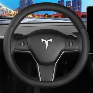 Leather Steering Wheel Cover Custom-Fit for Tesla Model 3/Y 2016-2026, Comfort Grip Design Breathable and Non-Slip, Model 3/Y Car Steering Wheel Protector, Tesla Accessories,Black(A-Style, for Tesla)