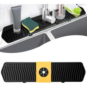 COBETE Kitchen Sink Splash Guard, 24in Faucet Mat Splash Catcher, Handle Drip Catcher Tray, Multipurpose for Kitchen Dish Drying Mats Sponge Holder and Bathroom Countertop Protect(Black)