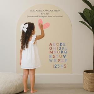 CAALMA Magnetic Wall Decal for Kids w/Alphabet & Number Magnets, Chalk, Cloth - Aesthetic Neutral Beige Magnetic Chalkboard Arch (40"x32")