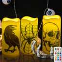 Halloween Flameless Pillar Candles with 18key Timer Remote Control for Halloween Home Decor Set of 3