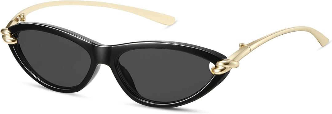 Retro Oval Cat Eye Sunglasses for Women Y2k Small Cateye Sun Glasses Womens Trendy 90s Designer Narrow Shades CS013 (Black Frame/Black Lens)