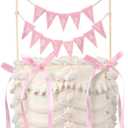 Honeydak 11 Pcs Pink Bow Ribbon Cake Topper Happy Birthday Cake Bunting Topper with Wood Pole Handmade Pennant Flags with Bows Ribbon for Birthday, Bridal Party Decoration