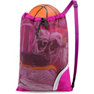 BeeGreen Mesh Drawstring Bag Swim Backpack for Beach Pool Sports Gym Draw String Cinch Bags for Swimming Soccer Basketball Gear Rose Red