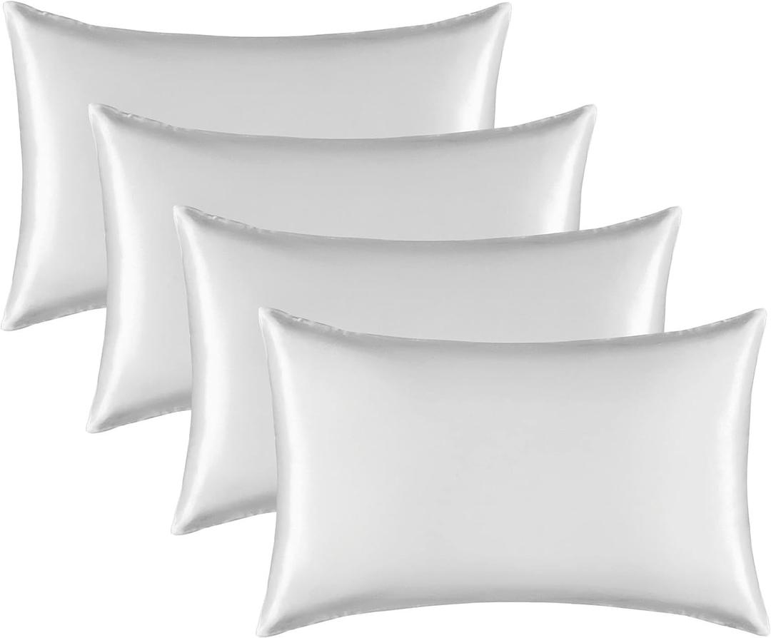 Satin Silk Pillowcase for Hair and Skin, Black Pillow Cases Standard Size Set of 4 Pack Super Soft Pillow Case with Zipper Closure (Ivory, Standard(4 Pack))