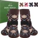 EXPAWLORER Dog Socks to Prevent Licking Paws,4 Pcs Double Sided Anti Slip Dog Socks with Grippers for Hardwood Floors,Dog Shoes Booties for Small Medium Large Senior Dogs,British Style,Brown L