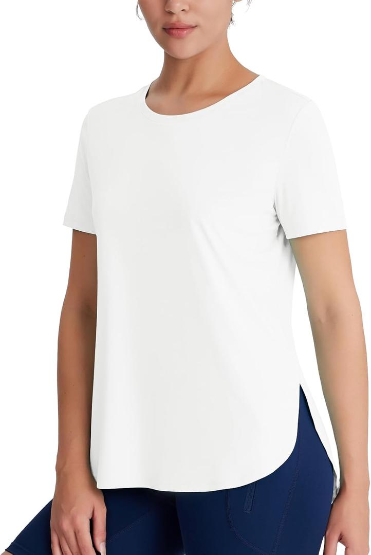 Women's Short Sleeve Workout Tops Moisture Wicking Cooling Shirts UV Protection Quick Dry Athletic Activewear (Medium, White)