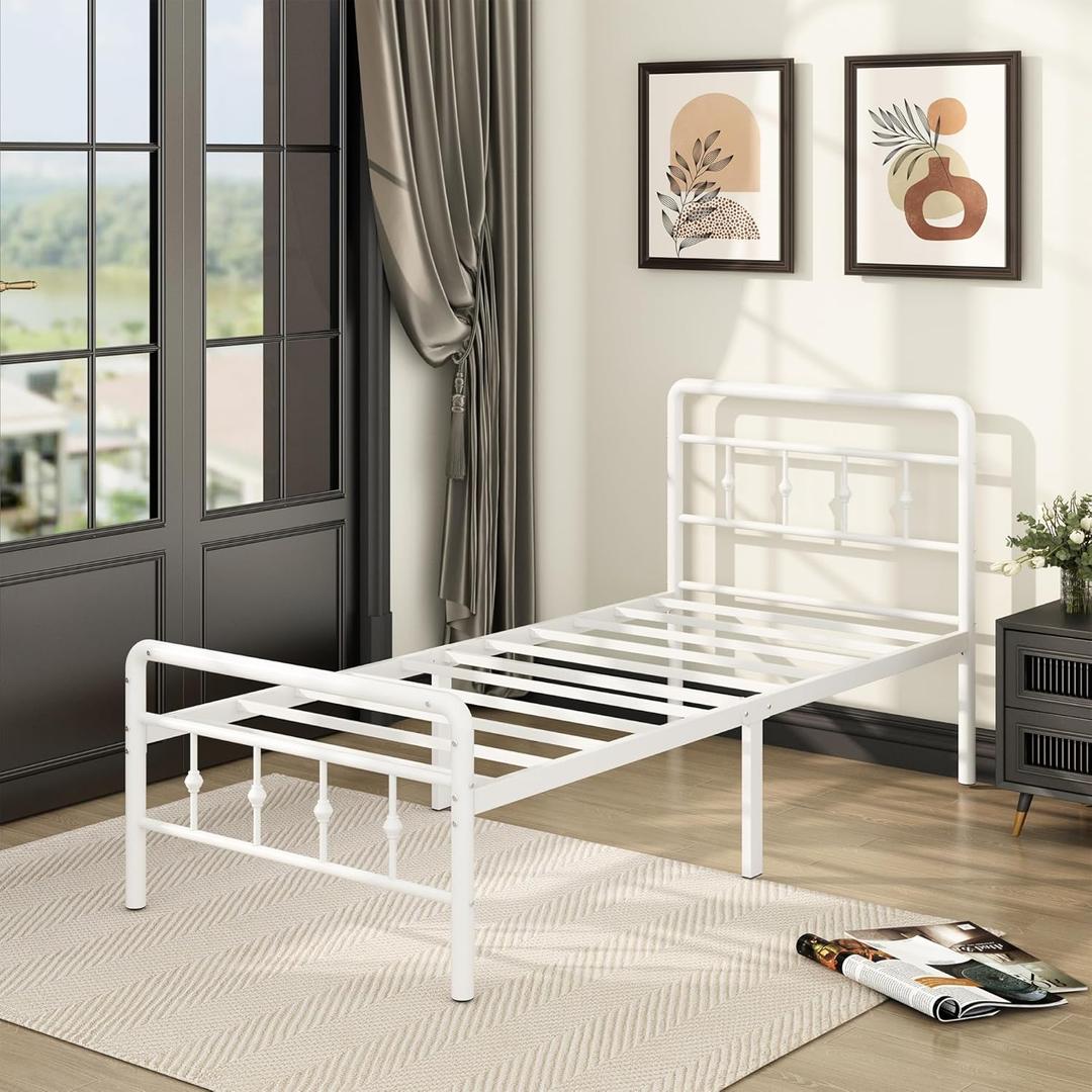 White Size Twin Bed Frame with Headboard and Footboard, 16 Inch No Box Spring Needed Heavy Duty Classic Metal Platform Victorian Style Iron-Art Mattress Foundation