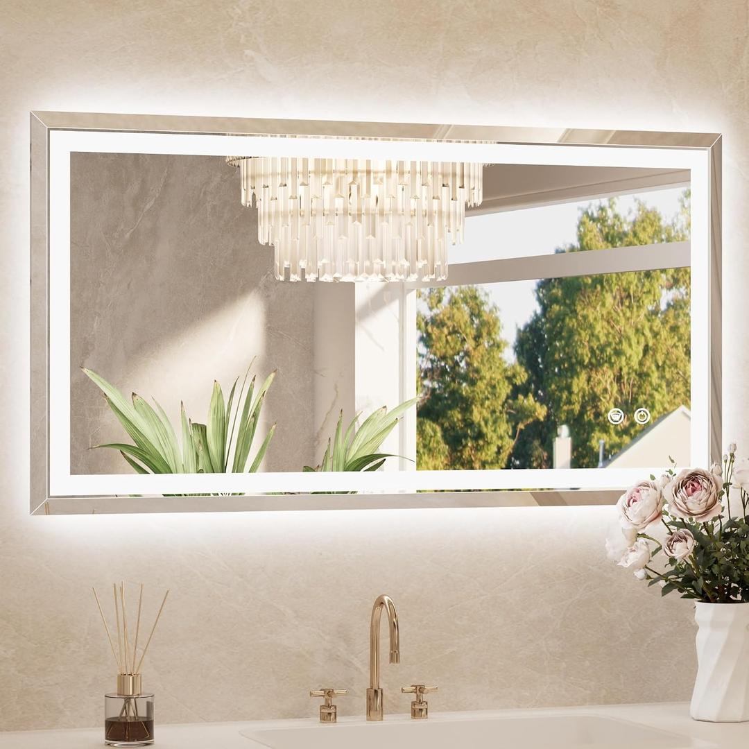 TETOTE Led Bathroom Mirror 40 x 24 Inch, Beveled Lighted Bathroom Vanity Frameless Mirror with Extra-Bright Lights, Frontlit & Backlit, Defogging, 3-Color Dimmable, Tempered Glass, Waterproof