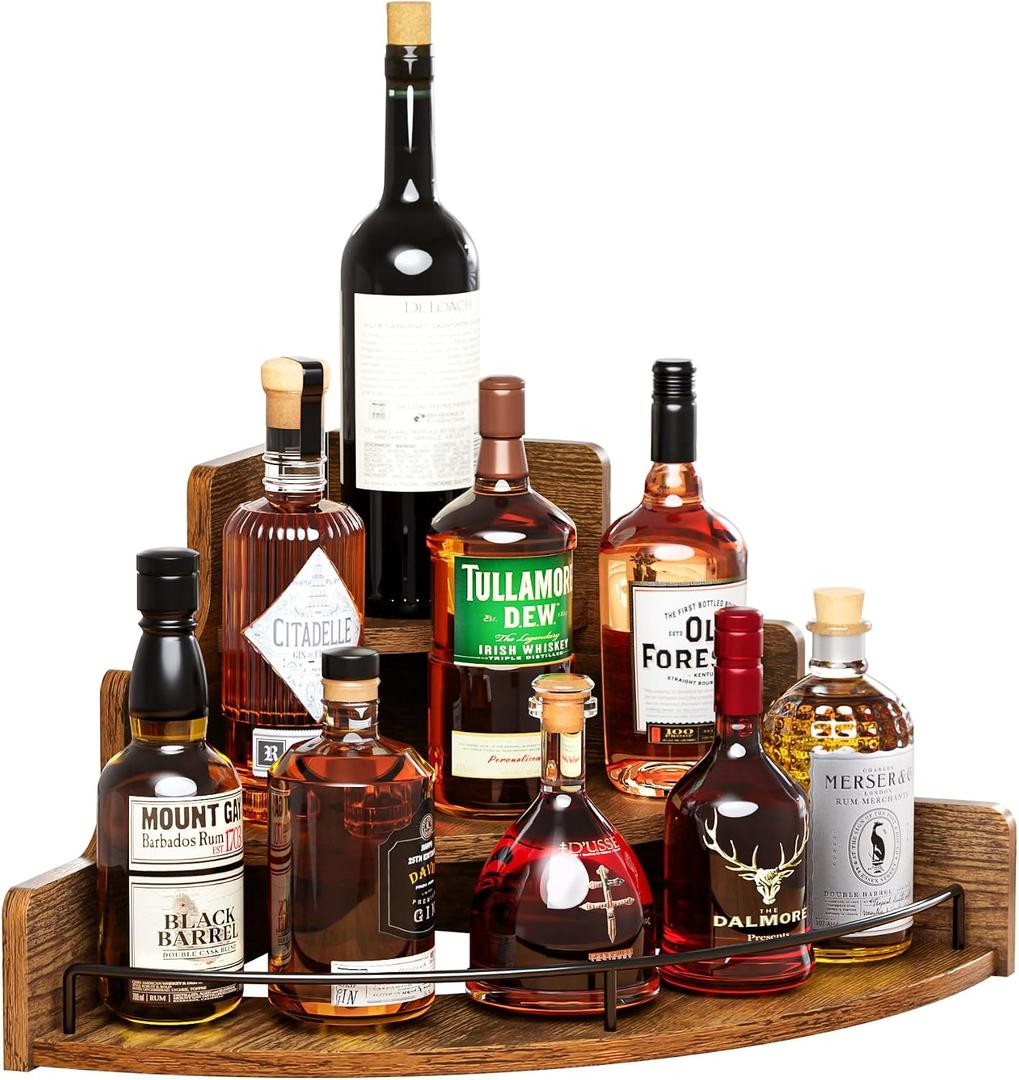 KLM Liquor Bottle Display Corner Shelf, Coffee Syrup Rack Organizer, 3 Step Countertop Liquor Wine Rack, mini bar, Liquor Cabinet, Home Retro Bar Shelf Stand for Liquor Whiskey. (Brown)