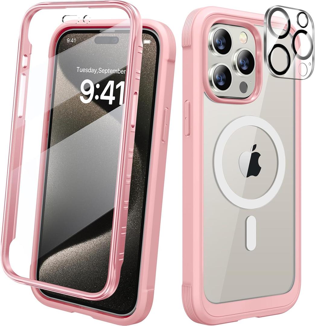 Diaclara Magnetic for iPhone 15 Pro Case, [Military-Grade Drop Proof & Fit for MagSafe] Built-in Shockproof Screen Protector, [Camera Lens Protector] Phone Cover for iPhone 15 Pro 6.1"(Coral Pink)