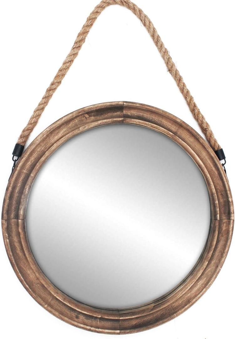 Funly mee 16.2 Inch Rustic Round Decorative Mirror with Solid Wood Frame&Rope Hanging,Farmhouse Antique Wall Decor (L)