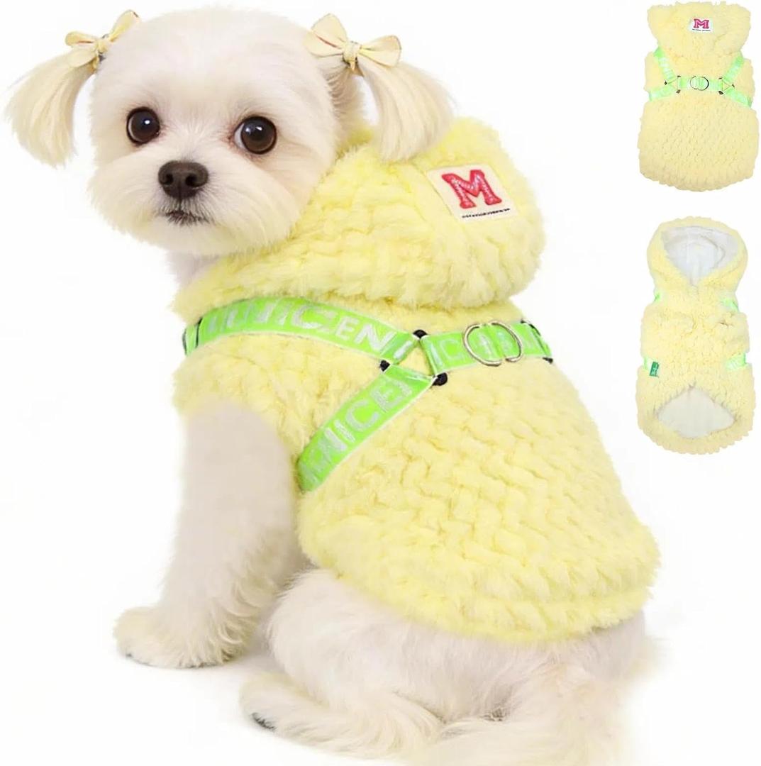 Fleece Small Dog Jacket Coat for 12 to17 lbs - Windproof Dog Clothes Coat with Harness Built in Winter Outdoor Dogs Coats for Small Dogs (Yellow)