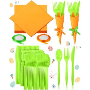 Domensi Hawaiian Luau Napkin Cutlery Set Theme Birthday Party Tableware Include Disposable Spoons Forks Knives Paper Napkins Satin Ribbons(Orange and Green)
