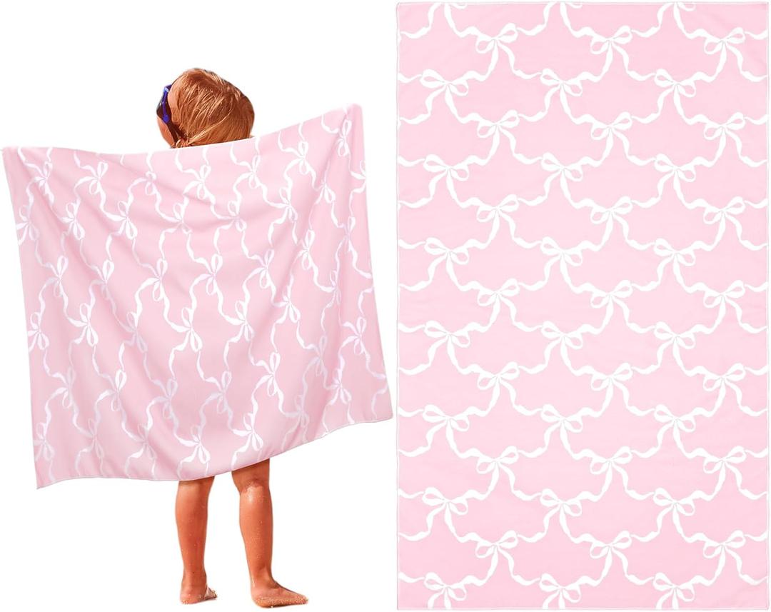 HunnmingRe Pink Bow Kids Beach Towels Coquette Girls Cute Bow Beach Towel 50 x 30 Inch Summer Absorbent Quick Dry Microfiber Pool Bath Supplies for Bath Sport Travel Swimming Camping Party Supplies