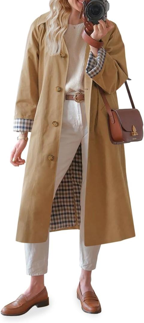 Tankaneo Women's Long Trench Coat Single Breasted Oversized Windproof Overcoat Fashion Outerwear (Small, Camel)