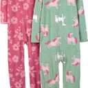 Simple Joys by Carter's Girls' 2-Pack Loose-fit Fleece Footed Pajamas (8, Mint Green Horses/Raspberry Red Floral)