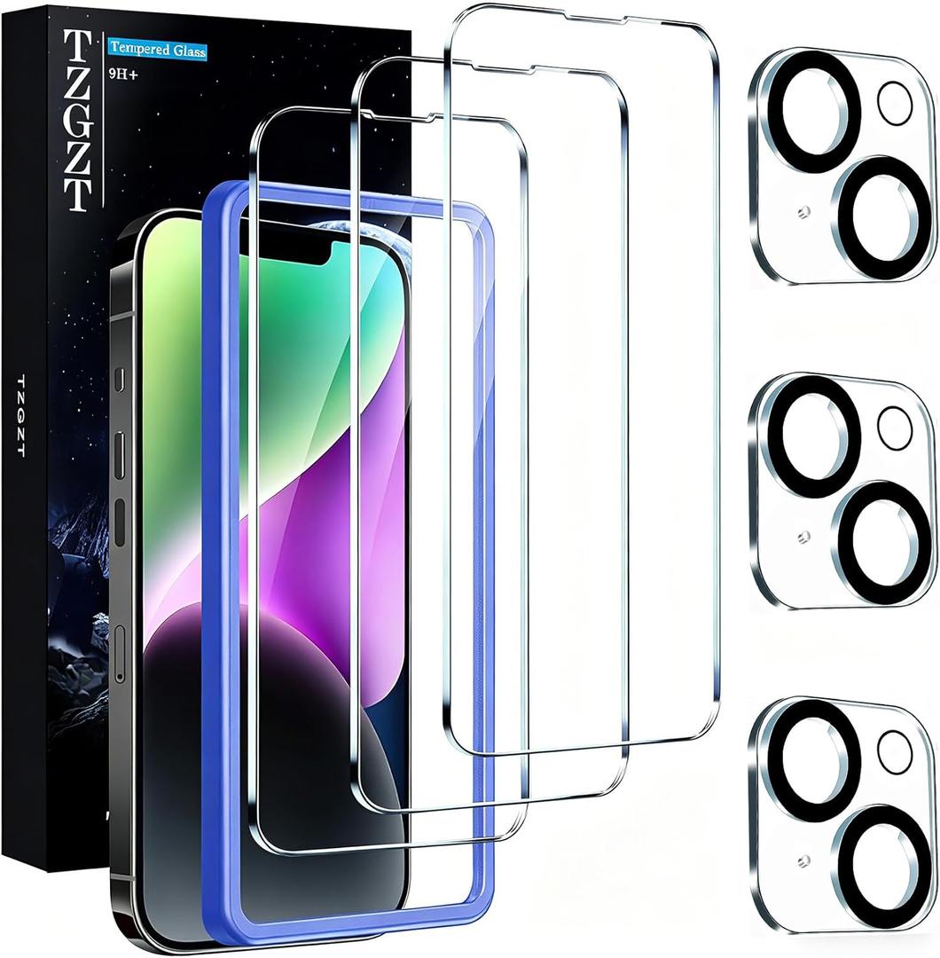 TZGZT [True 9H+ Shatterproof] 3 Pack for iPhone 14 Screen Protector Tempered Glass Film, with 3 Pack Camera Lens Protector Accessories, Phone Case Friendly, with Alignment Frame, Ultra HD