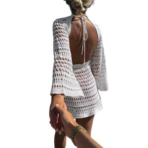 SISKIN Women Crochet Beach Cover Up Swimsuit Coverup Backless Swim Cover Up Dress for Beach Vacation White L (White, L)