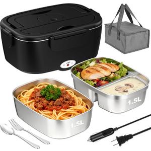 80W Electric Lunch Box Food Warmer for Car/Truck/Office, 110V/24V/12V Portable Heated Lunch Box for Adults, Dual 1.5L Stainless Steel Containers, Leak-Proof & Fast Heating, 3-in-1 Design