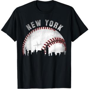 Vintage New York Skyline City Baseball T-Shirt (Small, Color: Navy Blue )