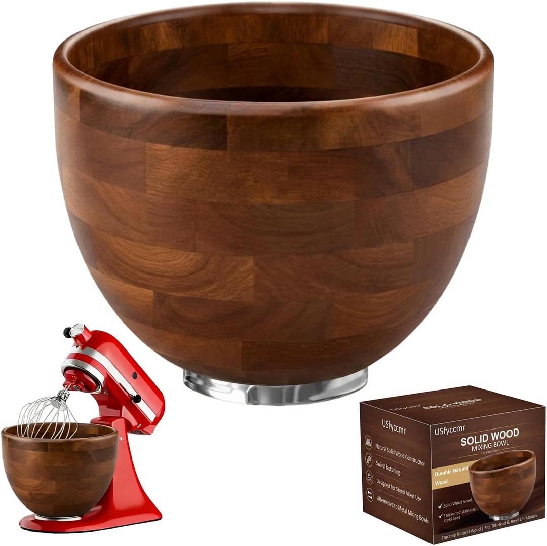 Wood Mixing Bowl Suitable for 4.5-5 QT Tilt-Head Stand Mixers - Natural Wooden Kitchen Accessory - Fits K45 KSM150 Series Natural Wood Mixing Bowl with Steel Locking Base