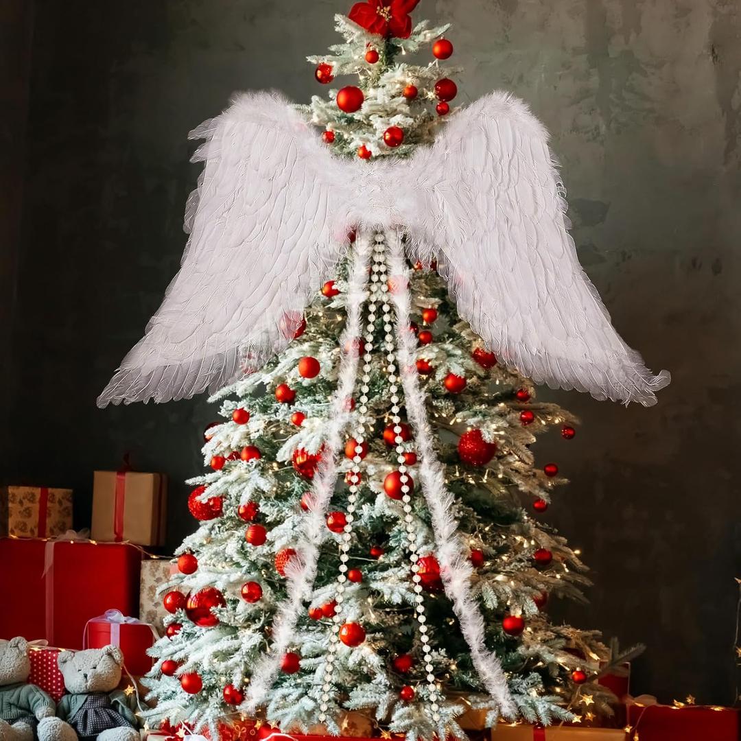 25 x 43 Inches Christmas Angel Shaped Large Wing Ornament Christmas Tree Angel Feather Wings with Feather Ribbon and Long Pearl Chains Hanging Decor Xmas Tree Topper for Xmas Holiday