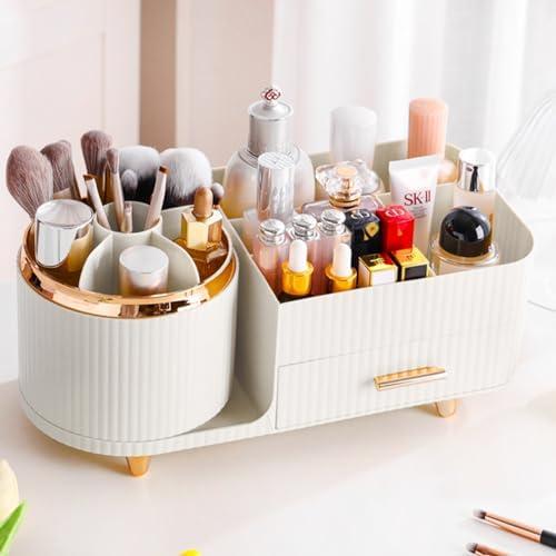 Rotating Makeup Organizer for Vanity with Brush Holder and Drawer, Cosmetic Makeup Storage, Large Spinning Makeup Skincare Organizer, Countertop Makeup Perfume Organizer, Lotions Display Case (White)