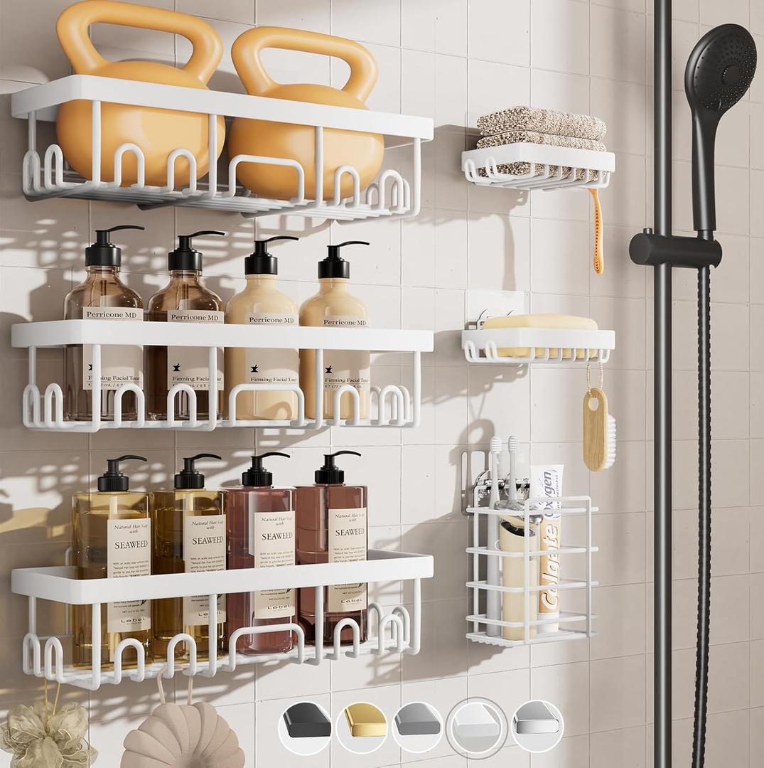 Veken 6-Pack Rustproof Waterproof Shower Caddy, Adhesive Shelves Rack with Soap Holder, Large Bathroom & Washroom Organizer, No Drilling Wall-Mounted Kitchen & Home Decor, Ideal for Bathtub Storage (6-Piece Set)