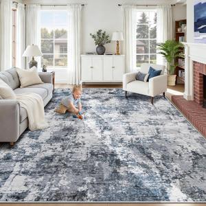 8x10 Area Rugs for Living Room: Washable Abstract Modern Rug Large Neutral Non Slip Soft Stain Resistant Indoor Carpet for Bedroom Nursery Dining Room Home Office (Blue White, 8'x10')