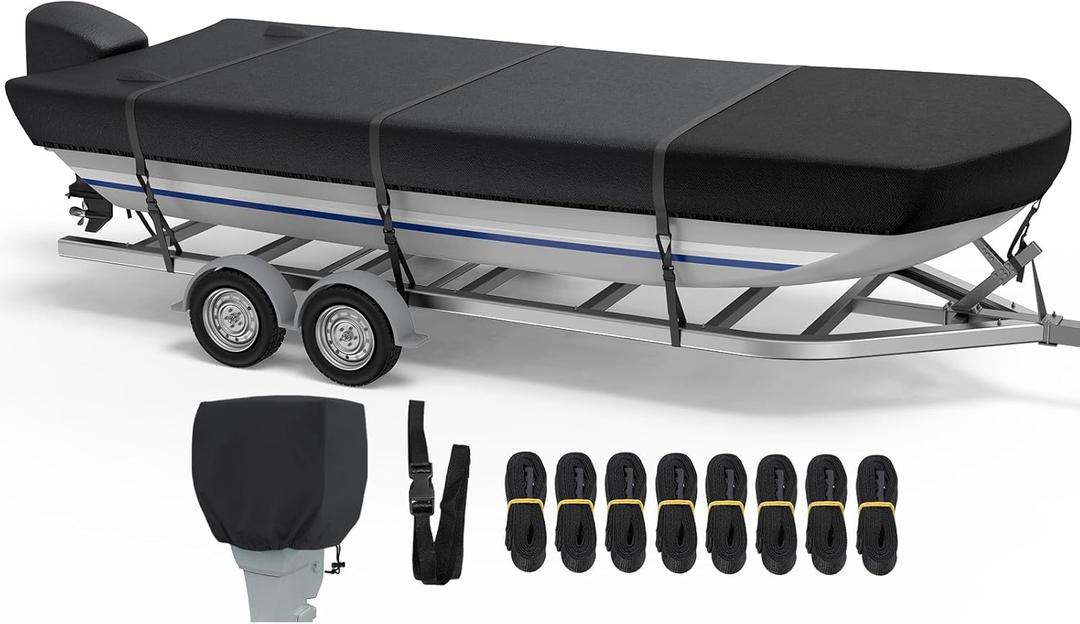 RVMasking Jon Boat Cover with Motor Cover, 1400D Heavy Duty Front Reinforced, Marine Grade Waterproof UV Resistant Jon Boat Cover for Length: 12'-14', Beam Width up to 70", Black