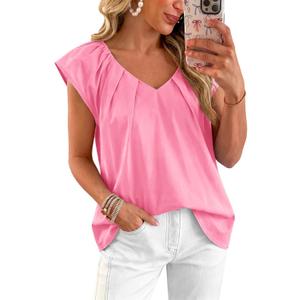 Tankaneo Womens Cap Ruffle Sleeve Tops V Neck Pleated Cotton Blouses | Loose Fit, Summer Dressy Casual, Cotton Shirts (Pink, L)