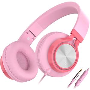 AILIHEN C8 Girls Headphones, On-Ear Headphones Wired with Microphone and Volume Control Foldable Corded Stereo 3.5mm Headset for Girls School Chromebook Laptop Computer PC Tablets Travel (Pink)