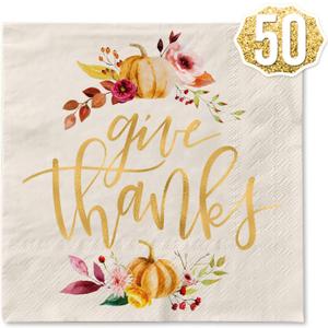 xo, Fetti Thanksgiving Gold Foil Napkins - 50 count | Give Thanks Decorations, 5 x 5 inches, 3ply, Autumn Leaves, Pumpkins, Fall Table Decor