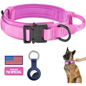 DAGANXI Tactical Dog Collar, Adjustable Military Training Nylon Dog Collar with Control Handle and Heavy Metal Buckle for Medium and Large Dogs, with Patches and Airtags Case (L, Pink)
