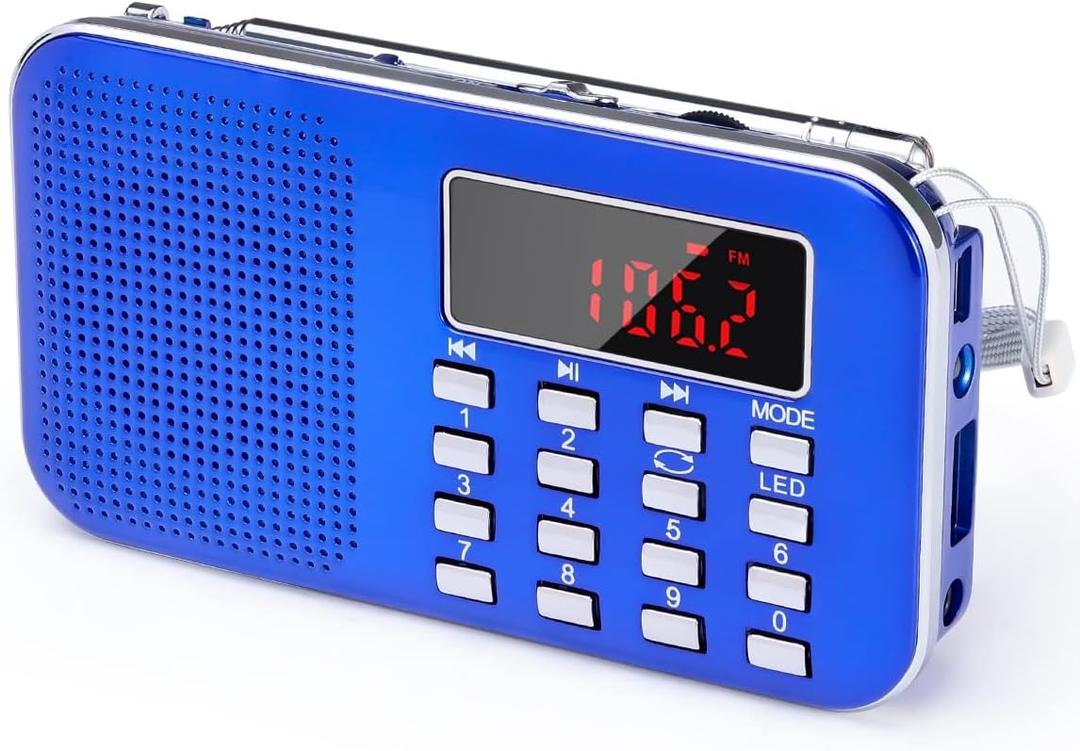 PRUNUS Mini Portable Radio AM FM Pocket Radio with MP3, LED Flashlight, Digital Radio Speaker Support Micro SD/TF Card/USB, Auto Scan Save, 1200mAh Rechargeable Battery Operated[Latest Version] (Blue)